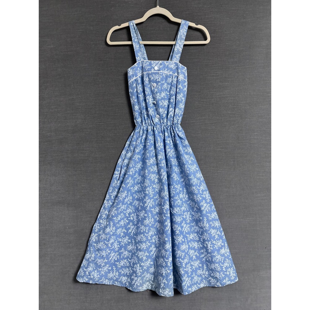 Vintage Jessica Lyn Dress S Blue Floral Cotton Prairie Cottagecore Midi XS XXS